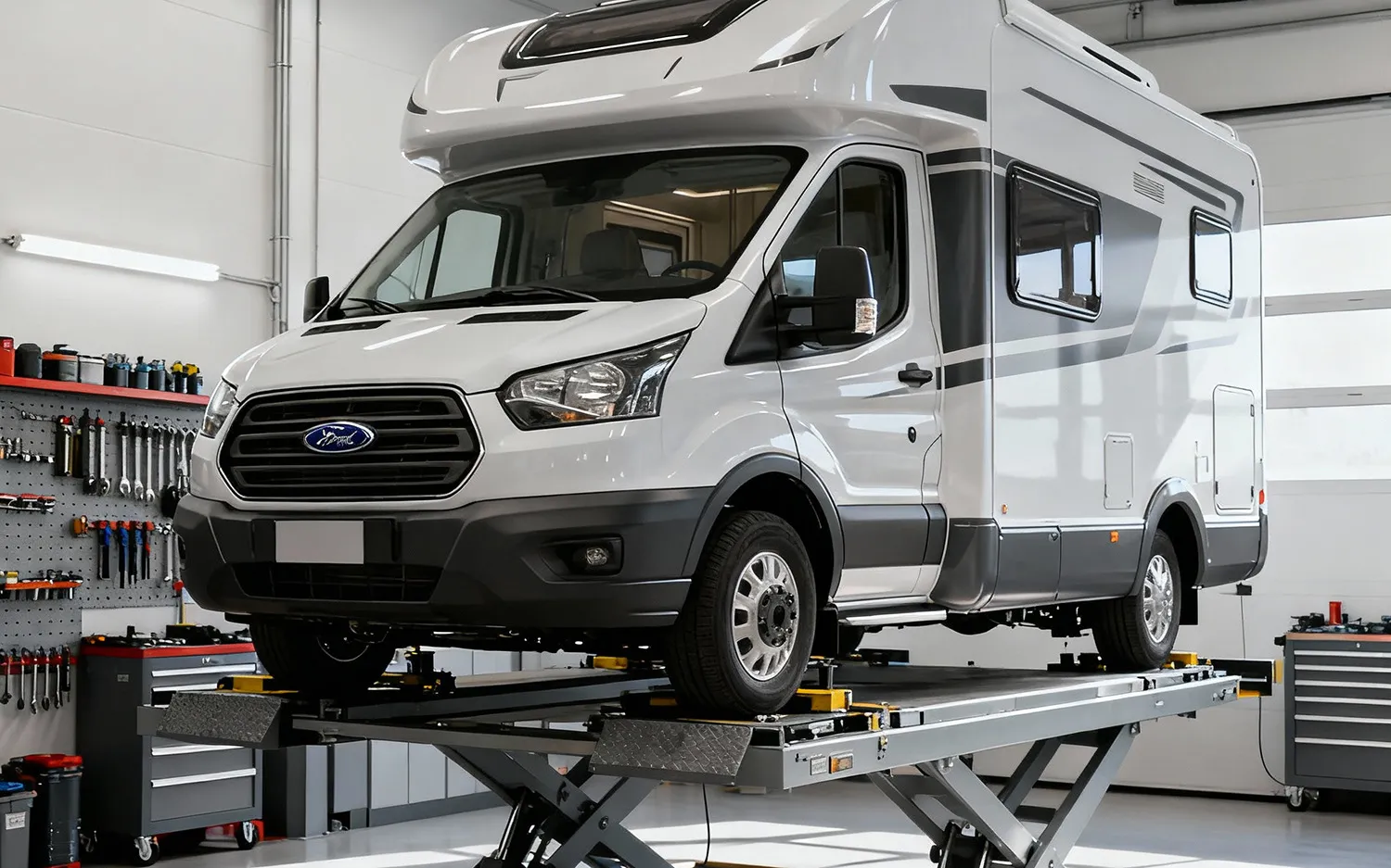 Fotorealistische afbeelding van een moderne integraal mobilhome op een Ford Transit chassis op een brug in een professionele garage, zonder mensen, met gereedschap en heldere verlichting.