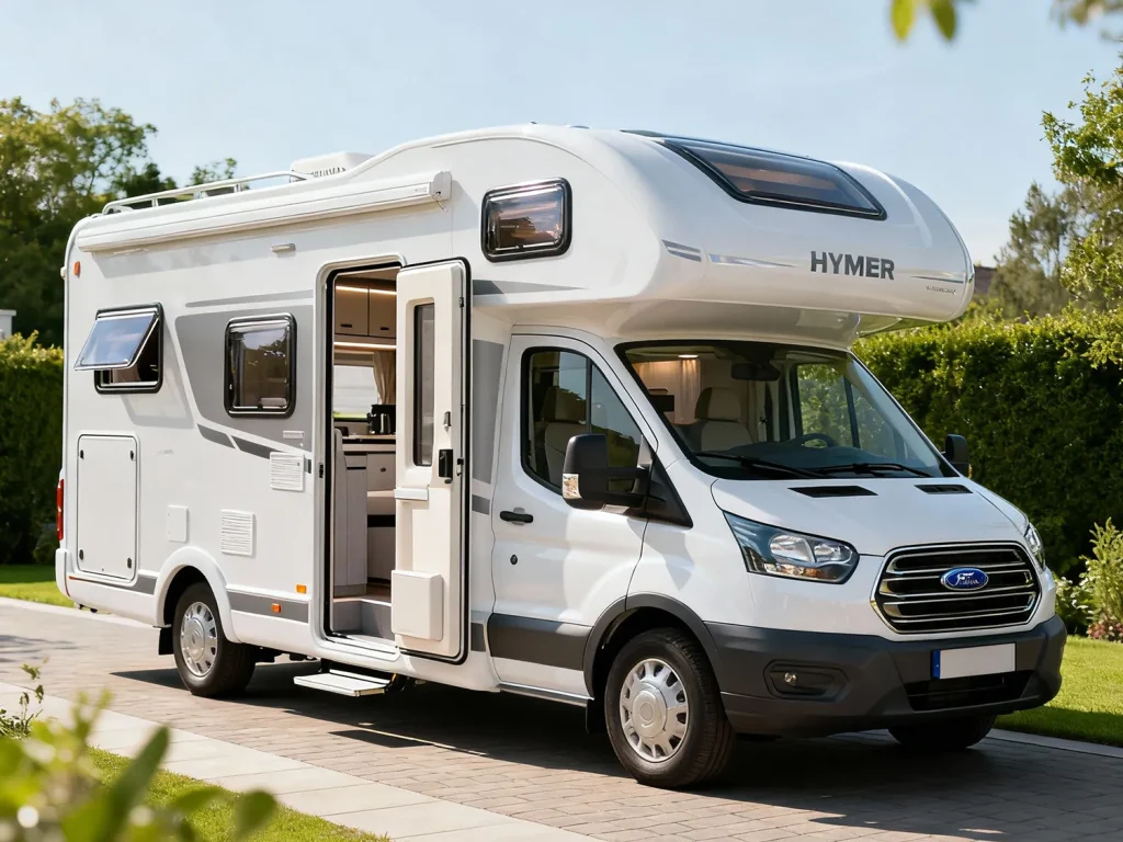 Hymer mobilhome met open deuren en ramen klaar voor verkoop – verkoopwaarde mobilhome verhogen.