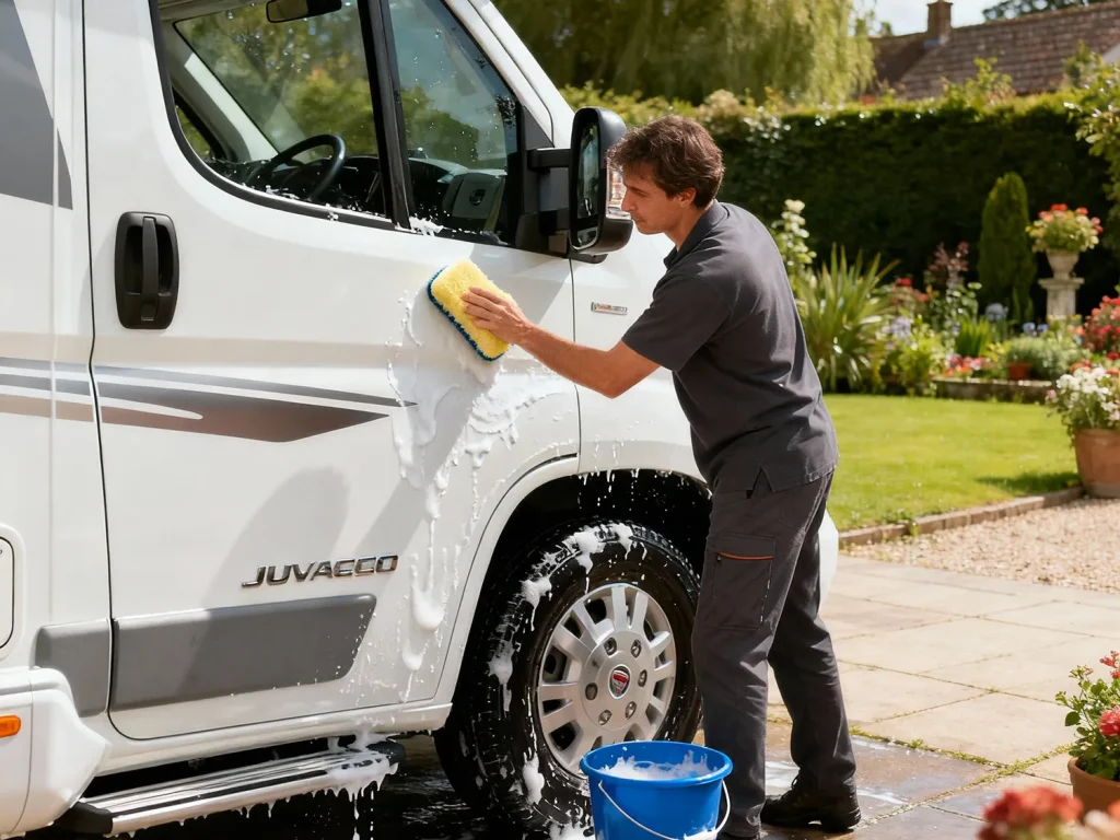 Particulier poetst mobilhome om verkoopwaarde mobilhome te verhogen voor verkoop.