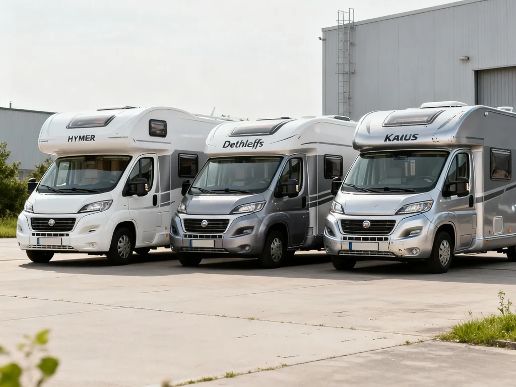 Drie Europese mobilhomes geparkeerd op een industriële buitenlocatie. Professioneel en betrouwbaar handelen door opkopers mobilhomes.