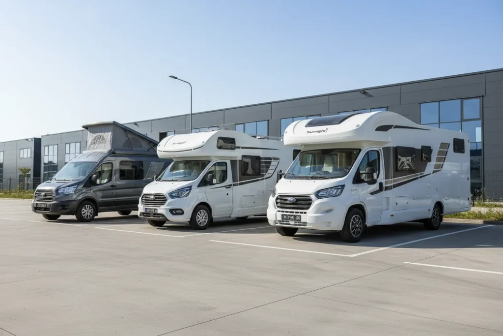 Drie Europese motorhomes geparkeerd op een industriële buitenlocatie. Professioneel en betrouwbaar handelen door opkopers motorhomes.